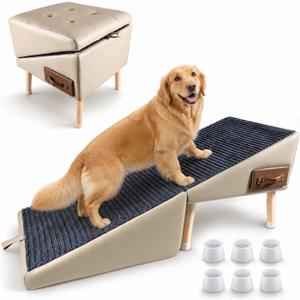 3 in 1 Ottoman Dog Ramp for Couch, 19" Non-Slip Stairs for Large Dogs, Dog ramp, hidden storage, and sturdy ottoman in one space-saving piece. The 18.9 x 18.9 x 17.7 inch frame gives your pet easy access to beds and couches, hides clutter, and supports up to 220 lbs as seating