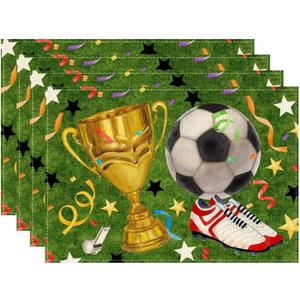 2 x XCHI Soccer Theme Grass Trophy Sneakers Placemats Set of 4 Table Mats for Game Day Soccer Party Home Kitchen Dining Table Decorations 12x18 Inch