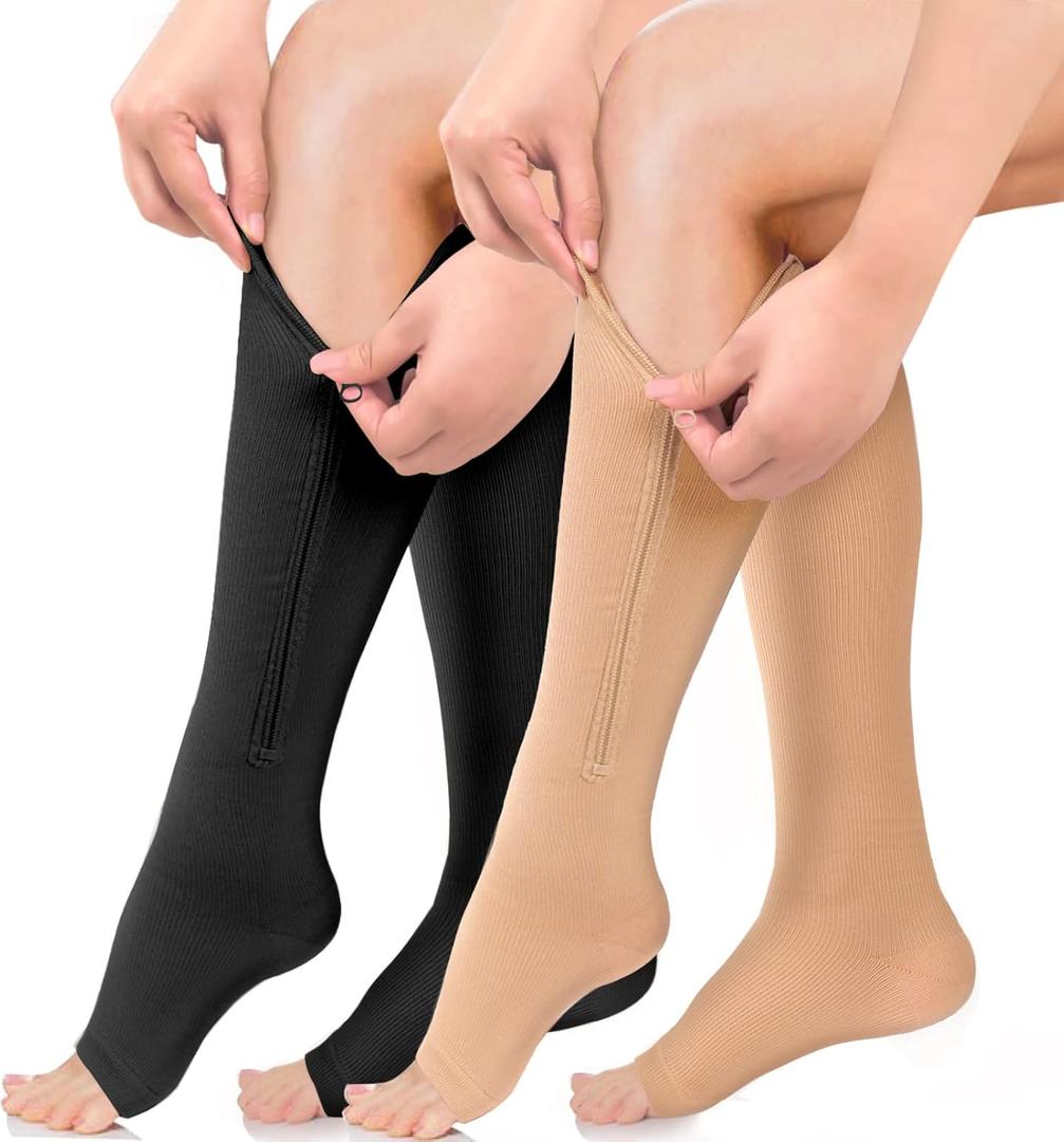 ACTINPUT 2 Pairs Compression Socks Toe Open Leg Support Stocking Knee High Socks with Zipper XXL