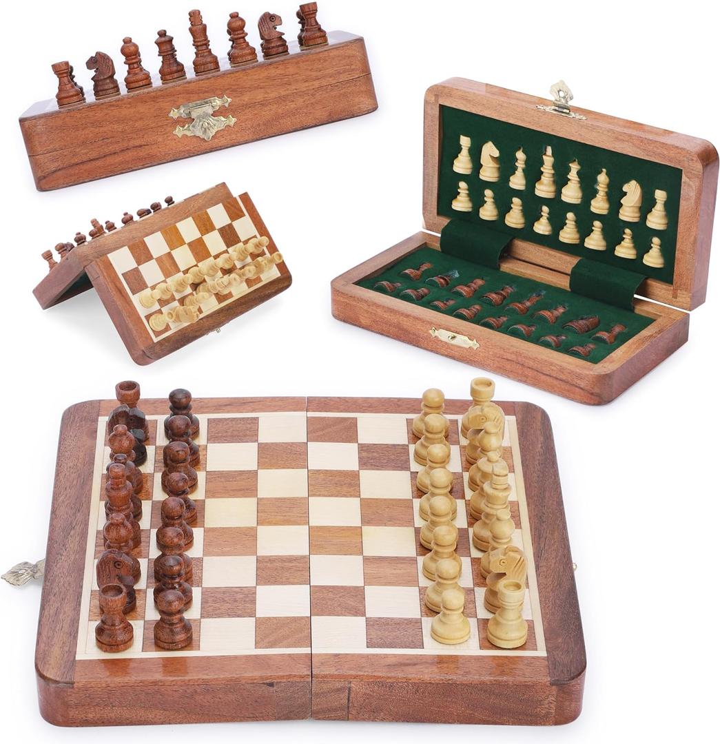 Ajuny Magnetic Travel Chess Set - Handcrafted Acacia Wood, Foldable Board with Elegant Storage Ages (7x7)