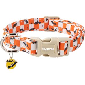 2 x Faygarsle Halloween Dog Collar with Charm, Orange and White Checkered with Bats Pattern,for Small Medium Large Dogs L