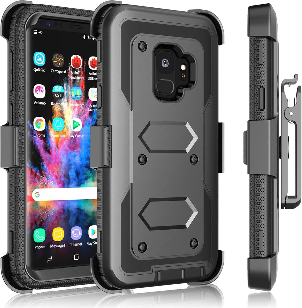 Galaxy S9 Plus Case, Samsung Galaxy S9 Plus Holster Clip, Tekcoo [Tshell] Shock Absorbing [Coal Black] Secure Swivel Locking Belt Defender Heavy Full Body Kickstand Carrying Tank Armor Cases Cover