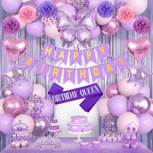 Ouddy Life Purple Pink Birthday Party Decorations for Women Girls, Butterfly Heart Foil Confetti Mother's Day Balloons Happy Birthday Banner Fringe Curtains Hanging Swirls Sash Crown Paper Poms Decor
