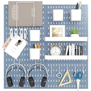 Peg Board Combination Kit, 4 Pegboards with 20 Accessories, Pegboard Wall Organizer for Office, Nursery & Home Storage, Key Holder, 25.6"x25.6"  Nail-Free InstallationBlue
