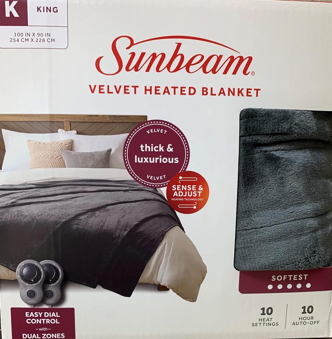 Sunbeam Luxurious Velvet Plush King Heated Blanket with 10 Heat Settings, Auto-Off, 2-Controllers