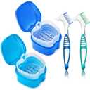 Denture Cups for Soaking Dentures, Partial Denture Holder Case Retainer Mouthguard Cleaning Box Case with 2 Small Brushes - Blue and Dark Blue