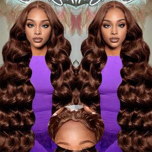 Hevgf 26 Inch Chocolate Brown Lace Front Wig Brown Deep Wave Wig Human Hair 9x6 220 Density Chocolate Brown Curly Wig Human Hair Brown Glueless Wigs Human Hair Pre Plucked Pre Cut #4 Dark Brown Wig