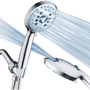Hotel Spa AquaCare High Pressure 8-Mode Handheld Shower Head - Anti-clog Nozzles, Built-in Power Wash to Clean Tub, Extra Long 6 ft. Stainless Steel Hose, Wall & Overhead Brackets (Premium Chrome)