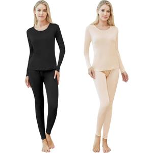 Panitay 2 Sets Women's Silk Thermal Underwear Set Mulberry Silk Long Base Layer Pajamas Top Bottom for Winter (Black, Beige) S