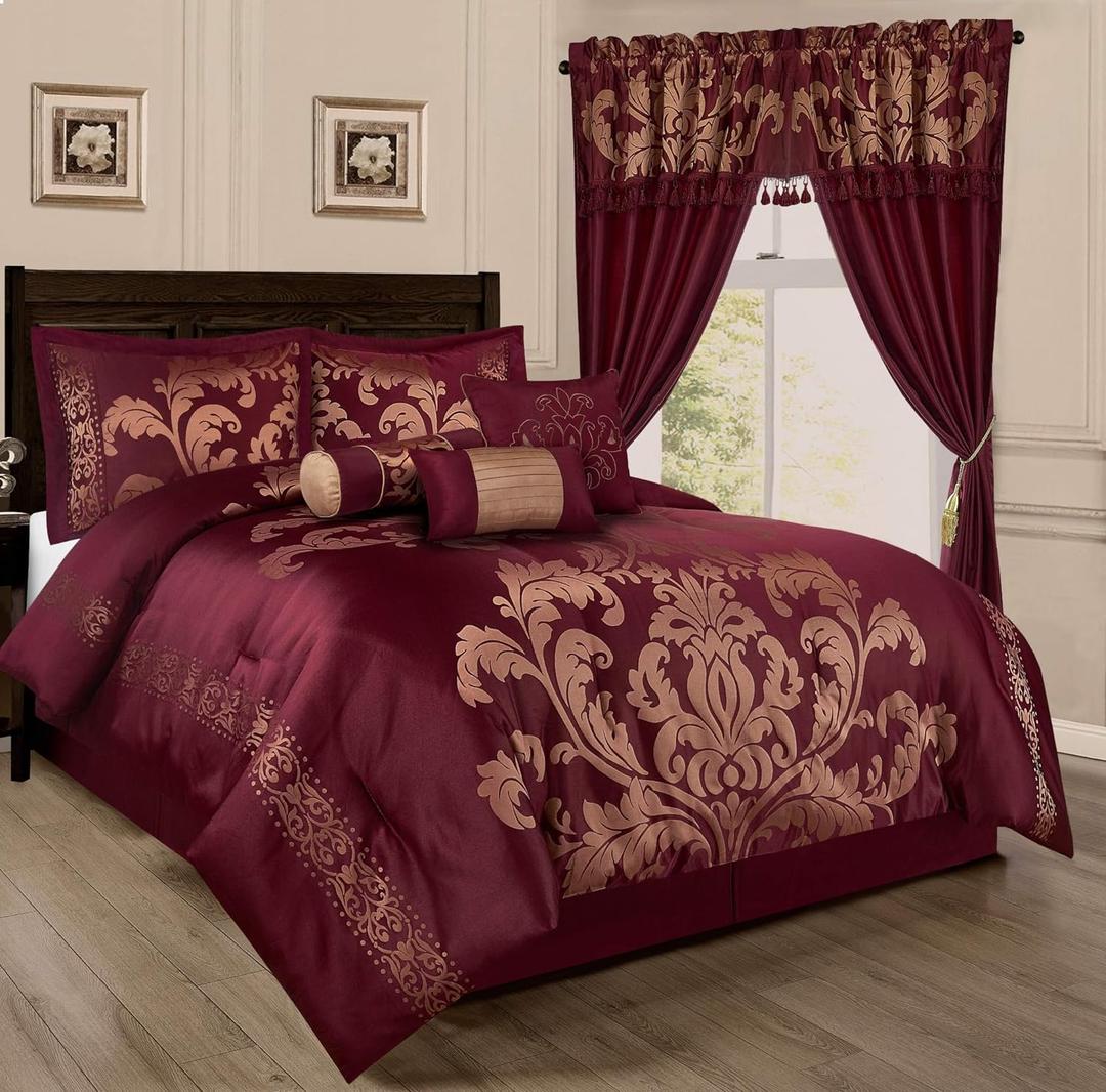 Chezmoi Collection Royale 7-Piece Jacquard Floral Comforter Set, Oversized King, Maroon/Gold