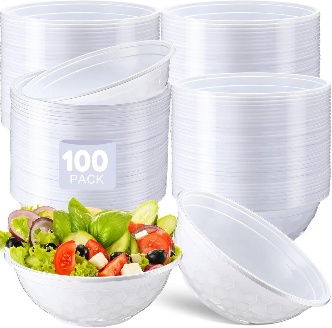 Newtay 100 Pack 32oz White Disposable Plastic Bowls Plastic Salad Bowls Large Stackable Serving Soup Dinnerware for Birthdays, Weddings, Parties, Festivals, 950 ml/32Oz