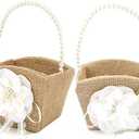  Burlap Wedding Flower Girl Basket Vintage Flower Basket Jute Roses Rustic Wedding Flower Girl Basket With Lace Satin Wedding Party Decoration (Flower-2pcs)