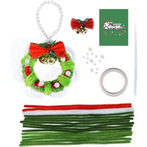 2 x Farbeniok Christmas Pearl Ring Pipe Cleaner Craft Kit, DIY Wreath Ornament Supplies Set with Beads, Bow for Tree Decor, Interior Decoration, School Bags, Children's Festival (Green)