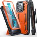 FNTCASE for iPhone 15 Pro Case: with Belt-Clip Holster & Built-in Screen Protector & Kickstand, Full-Body Dual Layer Heavy Duty Rugged Military Shockproof Protective Cell Phone Cover 6.1 inch-Orange