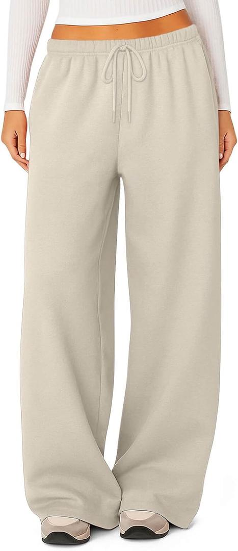 HeSaYep Women's Fleece Lined Sweatpants Winter Warm Wide Leg Sweat Pants Baggy Casual Pants with Pockets (Medium, Khaki)