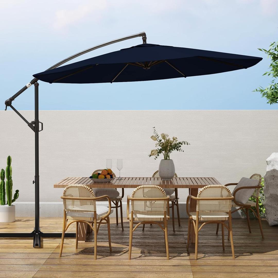 wikiwiki 10ft Patio Umbrellas Offset Outdoor Umbrella Cantilever Hanging Umbrellas w/Infinite Tilt, Fade Resistant Waterproof RECYCLED FABRIC Canopy & Cross Base, for Yard, Garden & Deck, Navy Blue