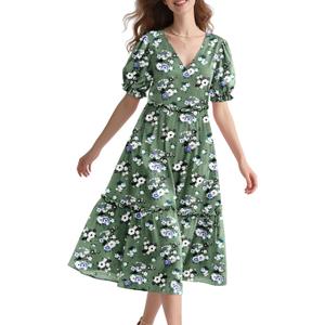 YESNO Summer Floral Midi Dresses for Women V Neck Puff Short Sleeve Frill Trim Dress with Pockets EVX (XXXL)