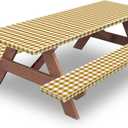 KENOBEE 6ft Picnic Table and Bench Cover, Camping Essentials RV Gear, 72 in Waterproof Windproof Outdoor Elastic All Around Tablecloth, Fitted Rectangle Tables and Seats, Coffee-White Checkered 