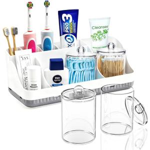 Bathroom Counter Organizer and Storage with 2 Pack Qtip Holder Dispenser, 7 Slots Detachable Toothbrush Holders for Bathrooms, Anti-Slip Electric Toothbrush and Toothpaste Holder Countertop (White Sets)