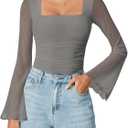 Avidlove Bodysuits for Women Long Bell Sleeve Mesh Square Neck Body Suits Going Out Tops Country Concert Outfits (XX-Large, Light Grey)