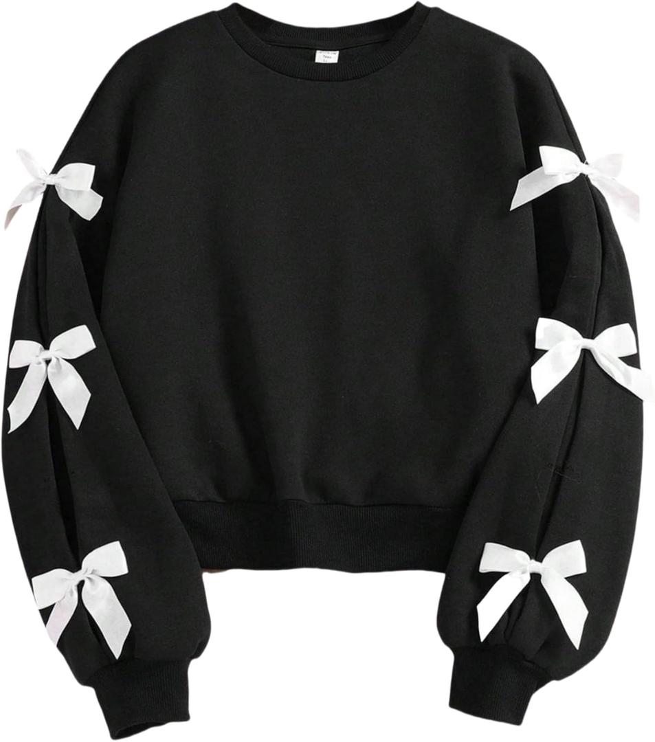 Girls Sweatshirt Cute Bow Tie Long Sleeve Crewneck Pullover Top Casual Fall Winter (7-8 Years, Black)