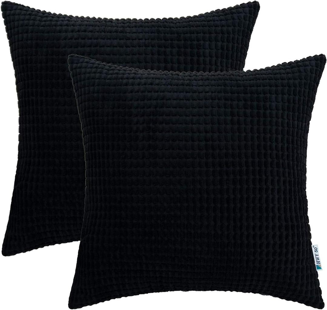 HWY 50 Black Corduroy Throw Pillow Covers 16x16 Inch, Pack of 2, Soft Solid Decorative Cushion Cases for Couch Sofa Bed Living Room, Corn Texture Striped Home Decor