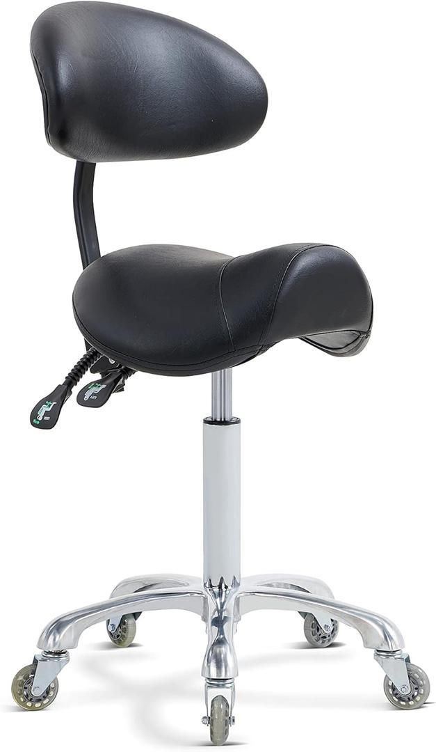 Saddle Stool Rolling Chair with Back Support, Esthetician Tattoo Dental Stool Chair, Lash Chairs for Eyelash Tech Massage Salon, (Black, with Backrest)