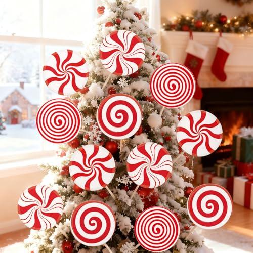 DECEED 10 PCS Christmas Tree Picks- 7.87" Large Red White Lollipop Christmas Picks for Tree-Cute Candy Picks Ornaments for Xmas Tree Topper Decorations-Home Office Holiday Party Vase Decor Indoor , missing 2 sticks