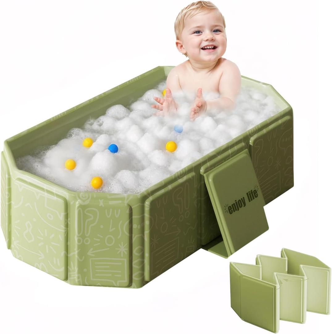 30" Foldable Toddler Bathtub for Shower, Portable Baby Bathtub for Newborn to 6 Years, Collapsible Kids Bath Tub with Drain Plug & Non-Slip Base, Travel Infant Tub for Home Apartment Camping Green