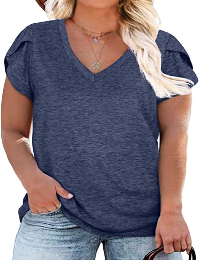 Womens Plus Size Tops V Neck T Shirts Casual Loose Petal Sleeve Tee Shirts (Blue, L)