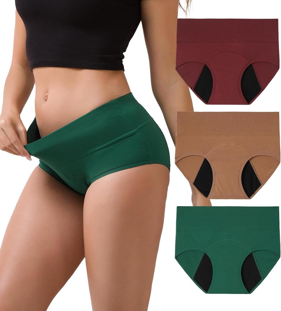INNERSY Period Underwear for Women Leakproof High Waisted Menstrual Cotton Panties 3 Pack (Small, Berry Evergreen)