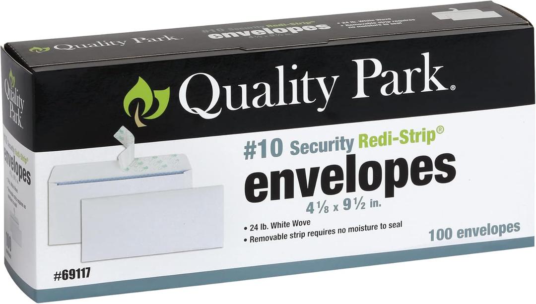 Quality Park #10 Security Envelopes, No Window, Redi-Strip Self Seal Envelopes, 24-lb White Wove, 4-1/8" x 9-1/2", 100 per Box (QUA69117)