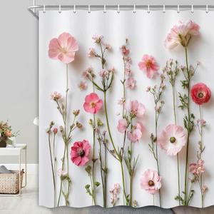 Floral Shower Curtain Pink Flower Boho Fabric Cloth Botanical Wildflower Natural Spring Flowers Bathroom Decor Blossom Polyester Fabric Waterproof Bath Curtain 71X71inch.