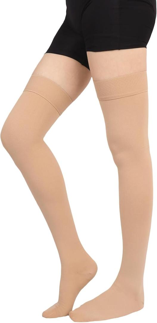 Thigh High Compression Socks Women, 20-30mmHg Compression Stockings for Women Men, Closed Toe Graduated Compression Socks with Silicone Band for Varicose Veins, Edema, Post-Surgery (Small, Beige)