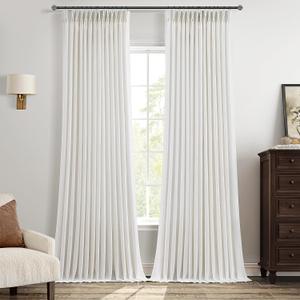 96 Inch Long Pinch Pleated Linen Curtains 2 Panels for Living Room Bedroom Beige White Thick Linen Drapes 96 Inches Semi Sheer Pinch Pleat Sliding Door Curtains Ivory Neutral Window Treatments