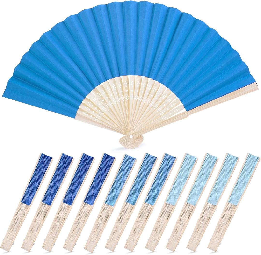 JOHOUSE 12Pcs Blue Paper Folding Hand Fans, 8.3 Inch Handheld Portable Decorative Fans for Wedding, Outdoor Party Favors, Baby Shower Decorations DIY Crafts Photography Prop Summer Cooling Supplies