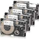 Absonic 4-Pack Compatible for Casio XR-12WE XR-12WE2S Label It Tape Cartridge 12mm Black on White for KL-100 KL-120 KL-60 KL-7000 KL-7200 KL-750B KL-780 EZ Label Printer