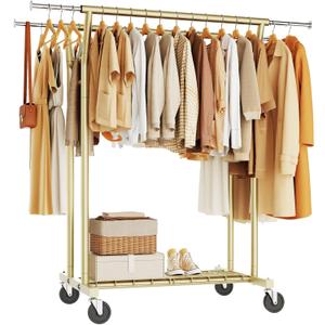 HYSEYY Heavy Duty Clothes Rack, Rolling Clothing Rack for Hanging Clothes with Shelves Load 700LBS,Portable Garment Wardrobe Closet Rack with Wheels for Bedroom,Laundry Room,Retail Store(Gold)