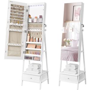 SONGMICS LED Mirror Jewelry Cabinet Standing, Lockable Jewelry Armoire with Full-Length Mirror, Space-Saving Jewelry Organizer with Mirror, Drawer and Shelf, Gift Idea, Cloud White UJJC025W01