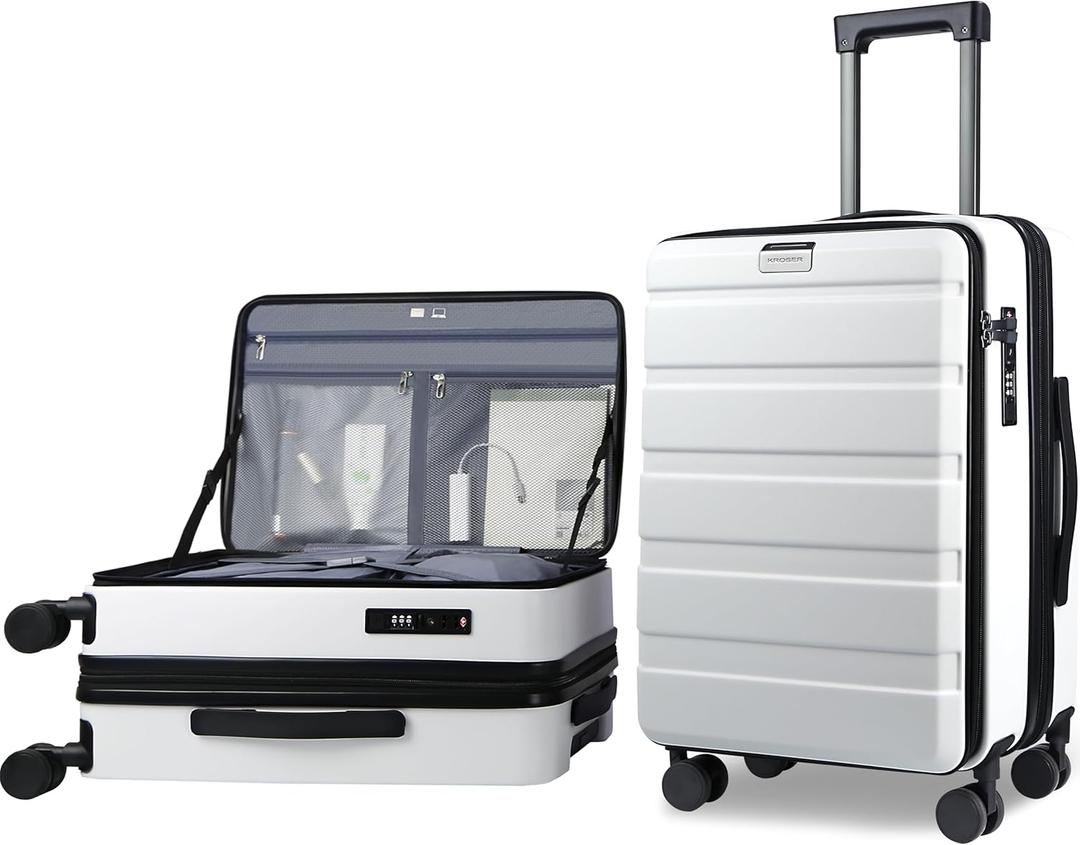 KROSER Carry On Luggage with Spinner Wheels & Built-in TSA Lock, Expandable Top Opening Hard Shell Suitcase Large Capacity Durable Rolling Luggage with USB Port, Carry-On 20-Inch, White