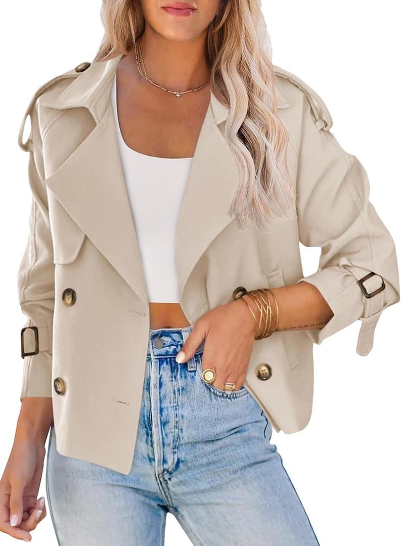 Saodimallsu Women Crop Double Breasted Trench Coat Raglan Sleeve Work Office Cropped Jacket With Pockets (X-Large, Light Khaki)