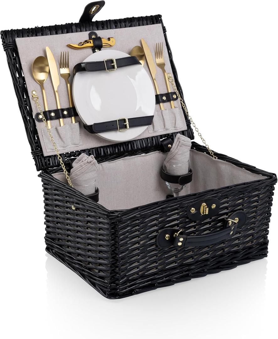 PICNIC TIME Classic Picnic Basket for 2, Romantic English-Style Wooden Wicker Basket with Deluxe Service for 2, Fully-lined Interior, Leatherette Lid-locking Buckle, and Carry Handle, (Black Willow)