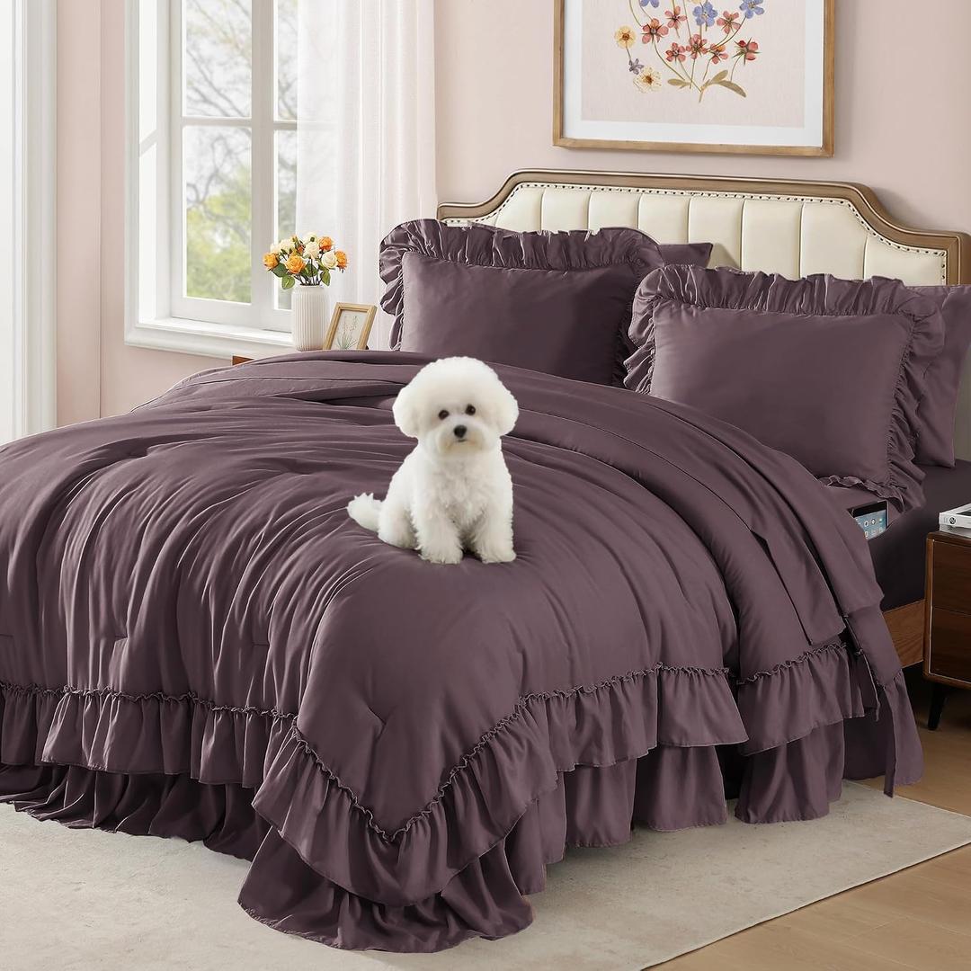 AMBERSPACE King Size Comforter Set Dark Purple, Ruffle Shabby Chic Bedding Set Farmhouse 7 Pieces, All Season Fluffy Bed in a Bag with Sheets, Pillowcases & Shams