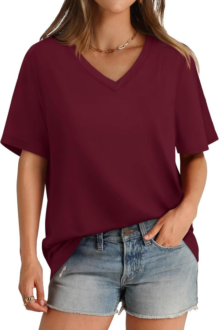 Aokosor Womens V Neck Short Sleeve T Shirts Summer Tops 2026 Casual Loose Tees Trending Now S-4XL (Medium, Red)