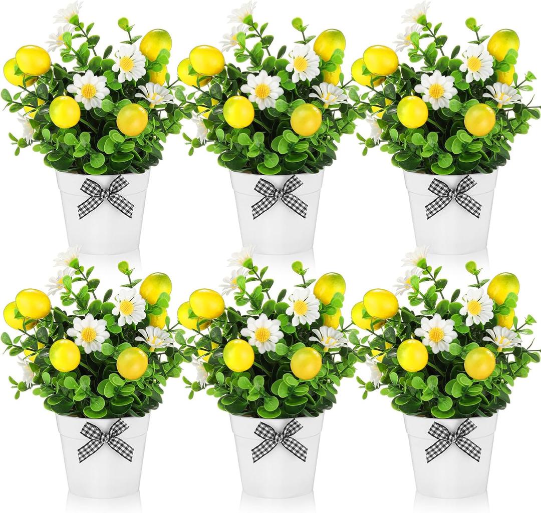 Nitial 6 Pcs 7.75 Inch Lemon Centerpiece Tiered Tray Decor Artificial Pot Plant Fake Lemon Daisy Plant for Table Home Decor Party Spring Summer Farmhouse Greenery Accessory