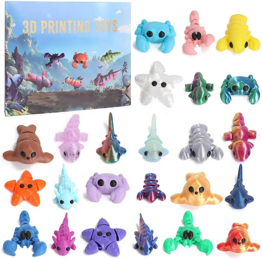 2025 Mini 3D Printed Animals Christmas Advent Calendar, 24 piece articulated flexible figurine toy Set, Birthday gifts for boys and girls, party gifts