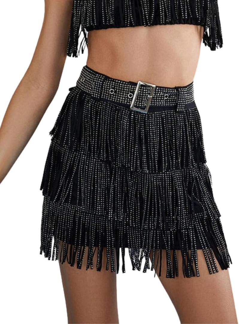 Womens Sparkle Rhinestone Fringe Skirt Elastic Waistband Short Mini Dress with Adjustable and Removable Belt (Small, Black)