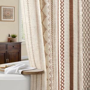 NDDYCU Boho Linen Shower Curtain for Bathroom,Brown Striped Print and Twine-Inspired Woven Center,72" W x 72" L