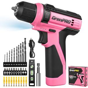 GRENPRO 8V Cordless Drill, Power Drill Set with 43pcs Accessories, 3/8" Keyless Chuck, Built-in LED, Type-C Charge Cable, Pink Drill Set for Women, Drilling & Screw Tightening/Loosening, Home DIY
