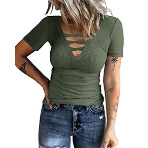 HERILIOS Women Casual Short Sleeve Tunic Tops V-Neck T Shirts Criss Cross Ribbed Slim Fitted Blouse Army Green, XL